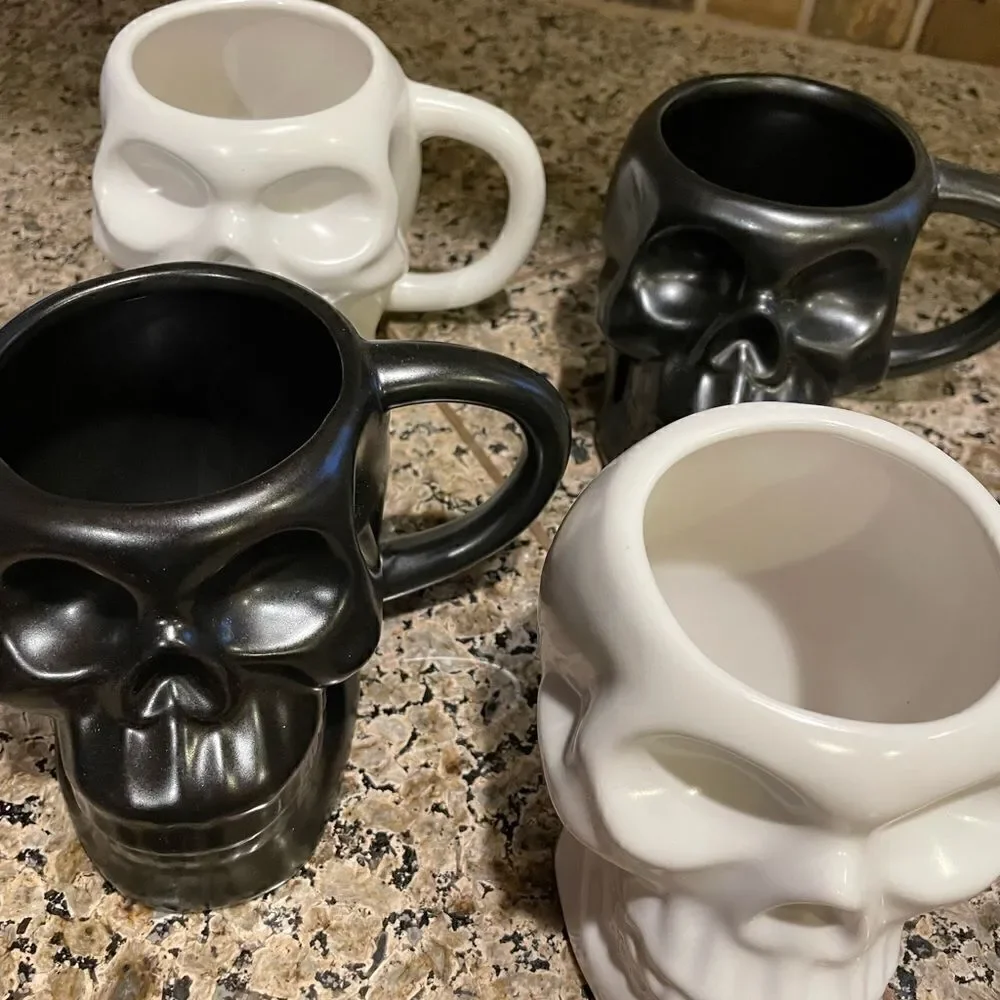 Hyde and EEK Stoneware Skull Mugs  Set of 4 with 3 Shot Glasses